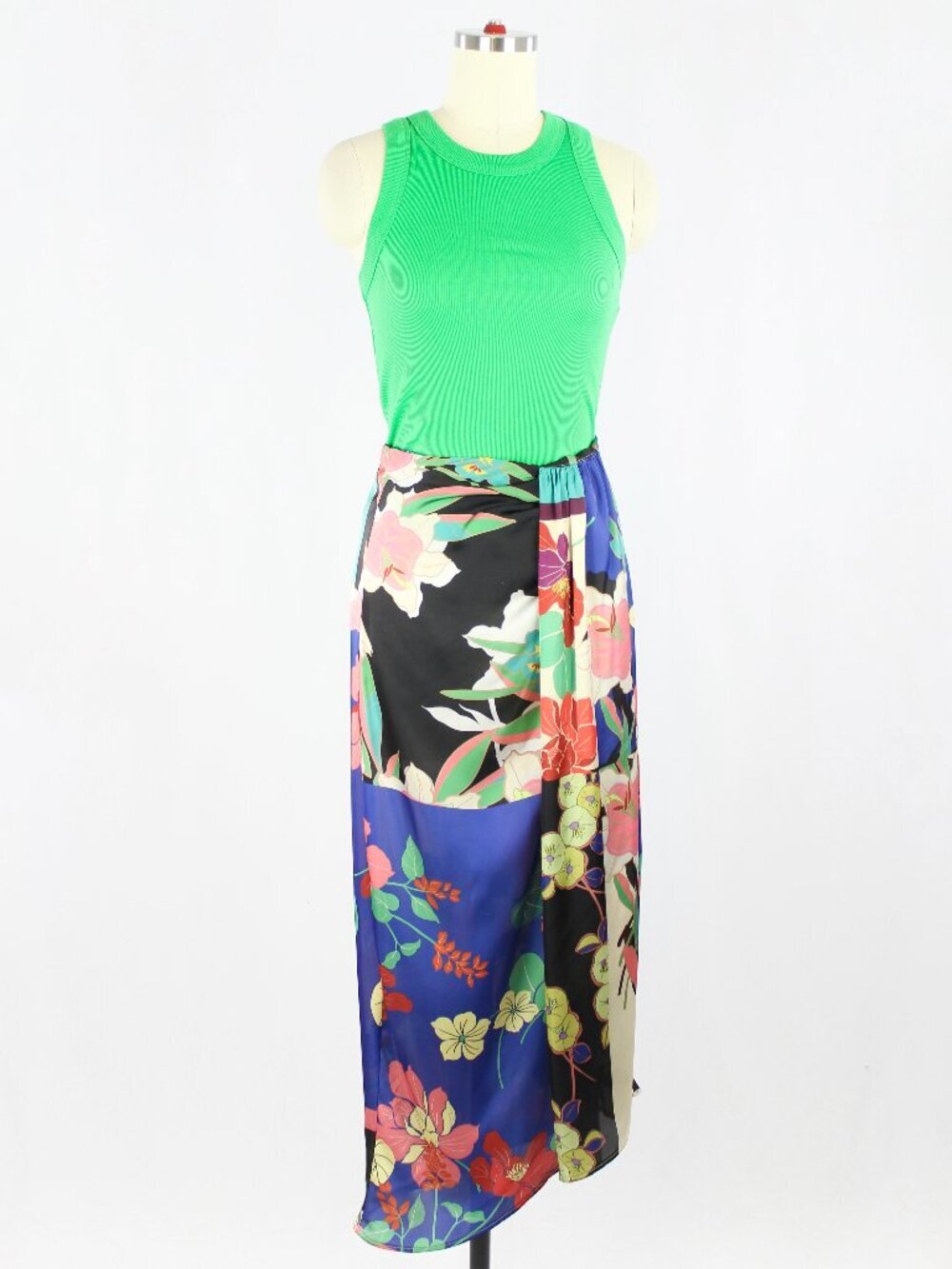 ZARA Floral Patchwork Print Satin Twill Knotted Maxi Pareo Sarong Skirt, Size S